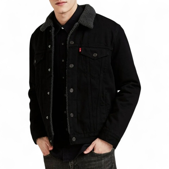 LEVI'S Premium Denim Black Corduroy Sherpa Lined Button Front Trucker‎ Jacket XL - Picture 1 of 9